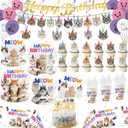 Cat Birthday Decorations Tableware 136Pcs Meow Happy Birthday Party Supplies Include Banner Plates Napkins Cups Forks Hanging Swirls Cupcake Toppers Cake Topper and Waterproof Tablecloth