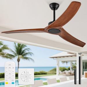 60 Inch Outdoor Ceiling Fan Without Light,Solid Wood 3 Blade Ceiling Fan No Light with Wall Control Switch/Remote,Noiseless DC Motor,Walnut Propeller for Patios,Farmhouse,Living Room,Bedroom