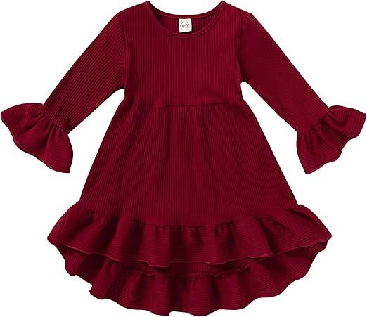 YOUNGER TREE Toddler Baby Girls Fall Clothing Solid Cotton Pit Irregular Skirt Winter Dress Long Sleeve Skirt Outfits (1-2T, Red)
