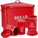 Red Bread Box with Canister Sets for Kitchen Countertop, E-far Metal Bread Bin Storage Container Holder for Modern Farmhouse Decor, Vintage Style & Extra Large - Holds 2+ Loaves Sugar Coffee Tea