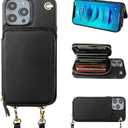 Bocasal Crossbody Wallet Case for iPhone 14 Pro, RFID Blocking Leather Purse Case with Card Holder, Protective Handbag Flip Cover with Slots Zipper Wrist Strap Lanyard for Women 5G 6.1 Inch (Black)