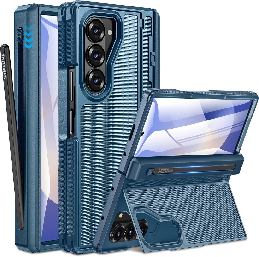 Caka for Samsung Galaxy Z Fold 6 Case [Thinner S Pen Holder] [Invisible Kicktand] [Hinge Protection] [Screen Protector] Full Body Hard Shockproof Phone Cover with Anti-Slip Textured for Fold6 - Blue