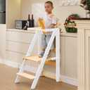 Foldable Toddler Learning Standing Tower, WOOD CITY Montessori Kitchen Step Stool Helper with 3 Adjustable Heights Learning Kitchen Tower(Natural-White)