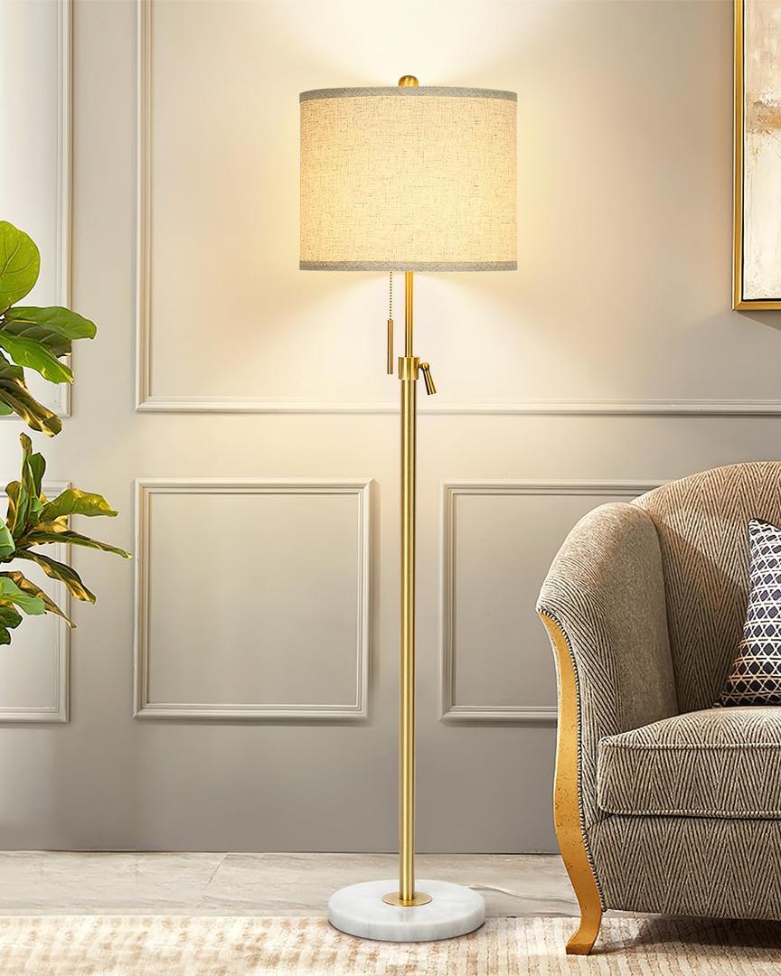 Modern Floor Lamp for Living Room, Adjustable Height Standing Lamp with Marble Base, Gold Tall Pole Light with Linen Shade for Reading Bedroom, Chain Switch, 8W 3-Way Dimmable Bulb Included