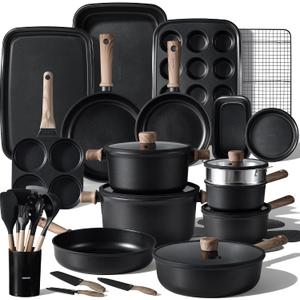 CAROTE 44pcs Nonstick Kitchen Titanium Cookware Sets, Nonstick Pots and Pans, Induction Cookware Set Kitchen Cooking Sets, Non Stick w/Frying Pan,Black