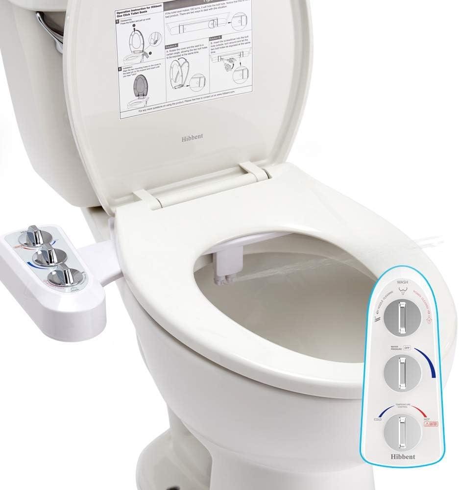 Hibbent Bidet Attachment for Toilet, Self Cleaning Dual Nozzle, Hot & Cold Water Spray Non-Electric Mechanical Bidet Toilet Seat for Rear or Female Washing Sanitizing, Adjustable Water Pressure, White