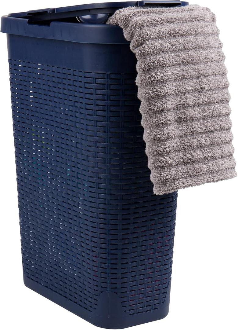 Mind Reader Slim Laundry Hamper with Lid, 40L Clothes Basket, Premium Wicker Design, Plastic, Navy (Single)