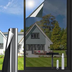 DOWELL One Way Window Privacy Film with 3 Tools Window Tint for Home Heat Control Anti UV Sun Blocking Reflective Mirror Covering See Out Not in for House and OfficeBlack Silver 35.4" x 78.7"