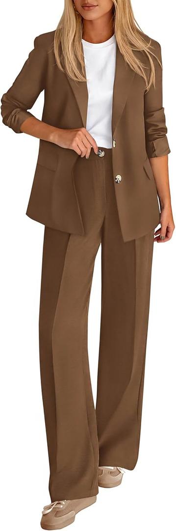 KIRUNDO Womens Suits 2 Piece Set Business Casual Blazer Jacket Wide Leg Dress Pants Suits Professional Work Office Outfits (Large, Brown)