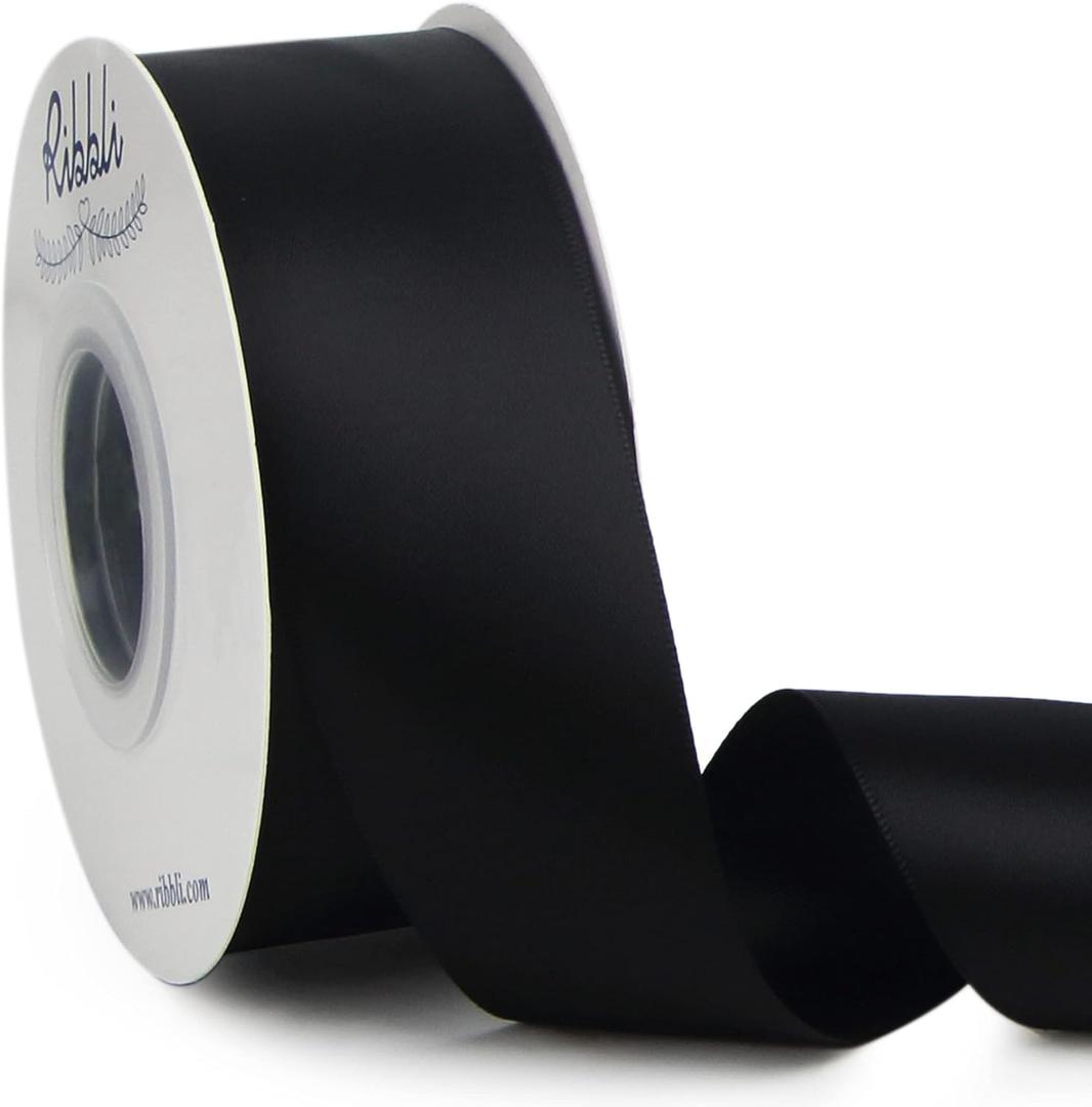 Ribbli Black Double Faced Satin Ribbon,1-1/2 x Continuous 25 Yards,Use for Bows Bouquet,Gift Wrapping,Wedding,Floral Arrangement
