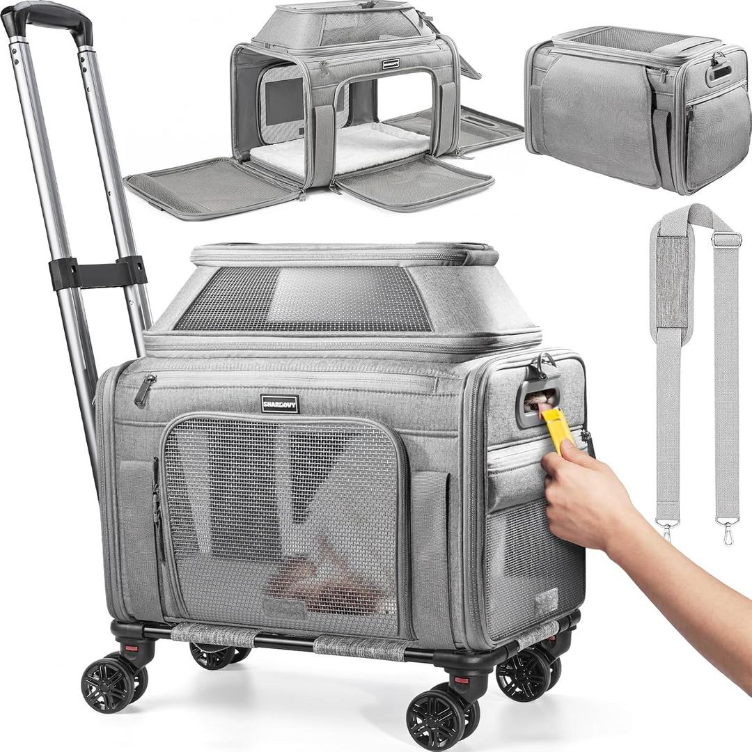 Top-Expandable Dog Carrier with Wheels Pet Window,18x11x11 Airline Approved for Delta American United, Soft-Sided Cat Carrier, Anti-Scratch Mesh, Lockable Zippers, Pet Carrier for Kitten, Rabbit, Puppy, Grey