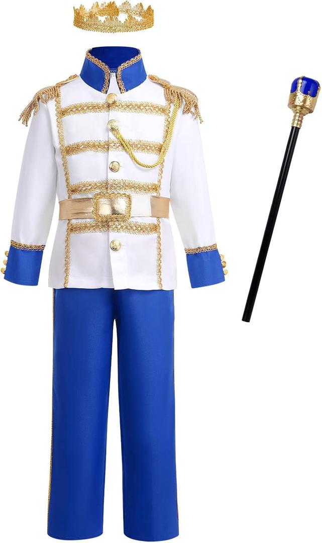 ODASDO Boy Prince Charming Costume Halloween King Cosplay Knight Dress Up Medieval Royal Prince Outfit for Birthday Christmas (8-10 Years, Royal Blue Scepter Set)