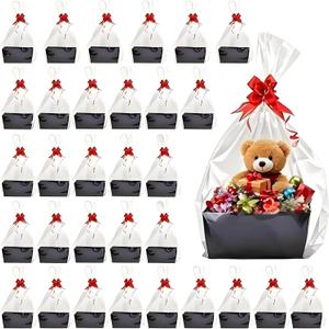 32 Pcs Black Basket for Gifts Empty DIY Bulk Party Gift Basket Kit with Handles with 32 Bag 32 Bow Market Tray for Gift Packages Wrapping Anniversary Birthday Wedding Party Gift(9.8 x 6.7 x 4.3 in)