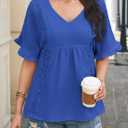 Womens Summer Tops V Neck Ruffle Half Sleeve Blouses Cute Lace Peplum Shirts Casual Boho Babydoll Clothing 2025 (Blue, XXL)