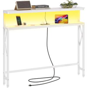 FAVOOSTY 46.8" Skinny Console Table with Charging Station and LED Light,5.9" Narrow Sofa Table with Power Outlets and Type C & USB Port, Behind Couch Table for Living Room, Hallway, EntryWay, White