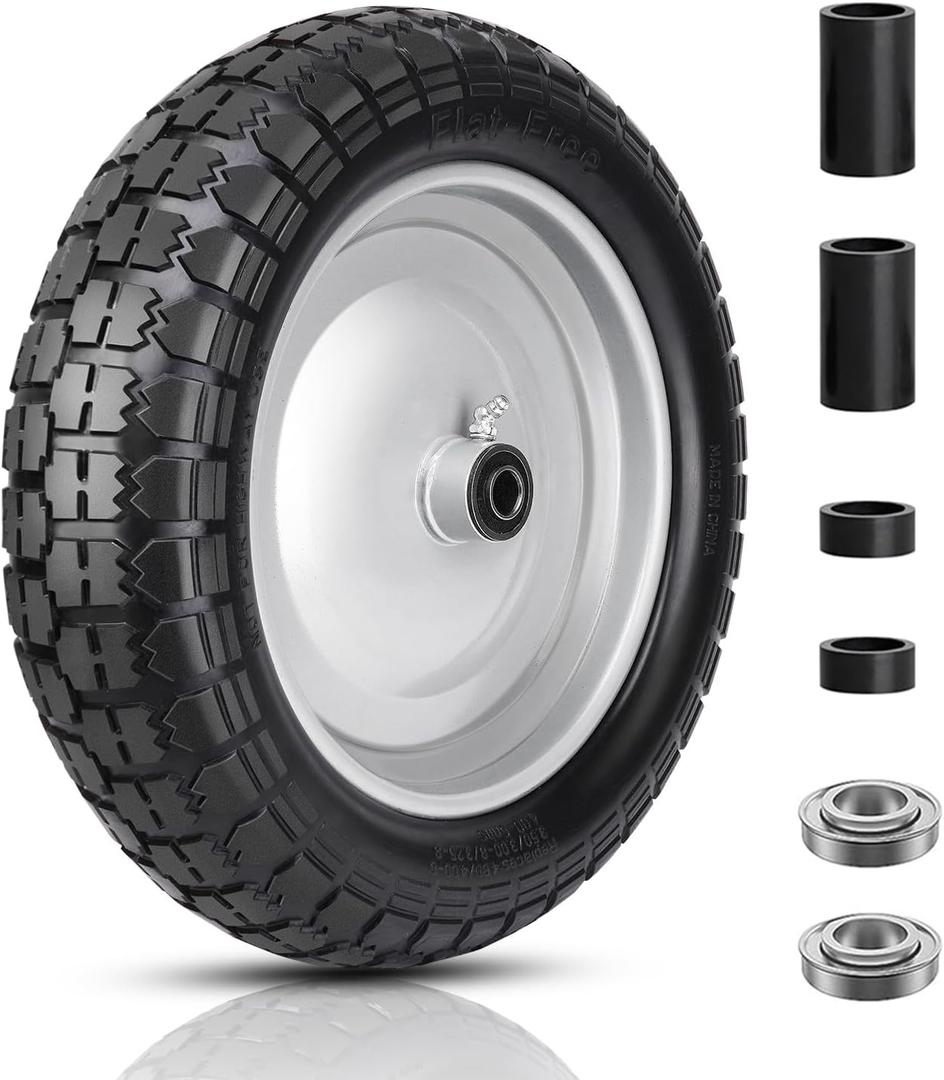 4.80/4.00-8 Tire and Wheel, 14.5" Flat Free Wheelbarrow Tire, 5/8" 3/4" Bearings Universal Solid Replacement Tires, 3" -7" Centered Hub for Hand Truck, Garden Cart, Includes Spacer Kit (Silver 1Pack)