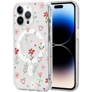 Cute Red Flower Phone Case for iPhone 14 Pro Max Clear Magnetic Case 6.7", Compatible with MagSafe, Aesthetic Floral Heart Pattern Cover Slim Soft TPU Shockproof Protective for Women Girls