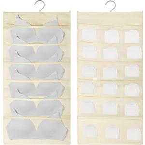 Bra and Underwear Closet Hanging Organizer, LIOUCBD Mesh Pockets & Rotating Metal Hanger, Dual Hanging Storage Bag for Bra Socks Underwear Underpants (6+18 Pockets Beige)