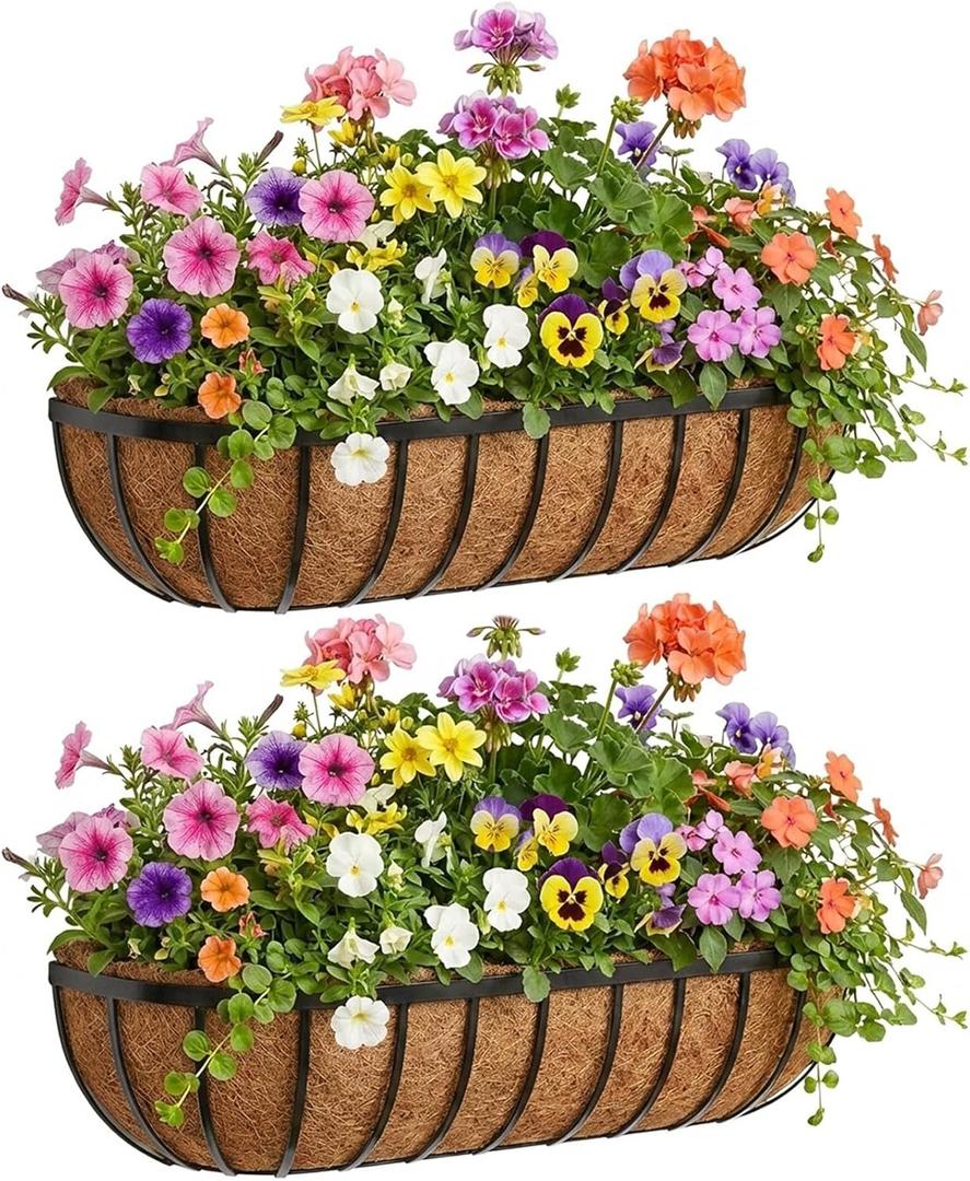 36 Inch Railing Planter Boxes 2 Pack Metal Window Box Planters with Coco Coir Liners, Horse Trough Planter with Adjustable Brackets for Deck Balcony Fence Porch Patio Outdoor Garden