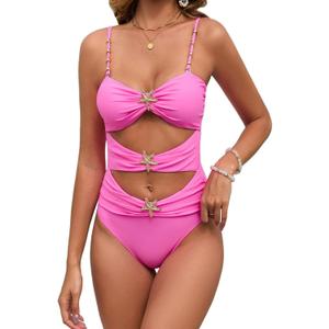 Wellwits Women's Beads Cutout Starfish Metal Decor One Piece Swimsuit (XX-Large, Pink)