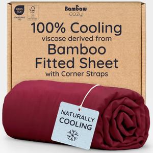 Bambaw 100% Viscose Derived from Bamboo Fitted Sheet Queen Size, Cooling Fitted Sheet, Queen Mattress Fitted Sheet Only, Deep Pocket Fitted Sheet with Corner Straps (Burgundy)