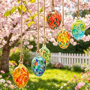 6pcs Hand Blown Colorful Glass Egg Ornaments, Hanging Art Glass Suncatcher with Jute Rope, Vibrant Speckled Glass Eggs for Garden, Window, Tree, Patio, Home & Outdoor Decor