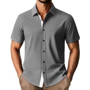 PJ PAUL JONES Untuckit Shirts for Men Short Sleeves Button Down Wrinkle Free Dress Shirts Casual Button Up Shirt Grey S (S)