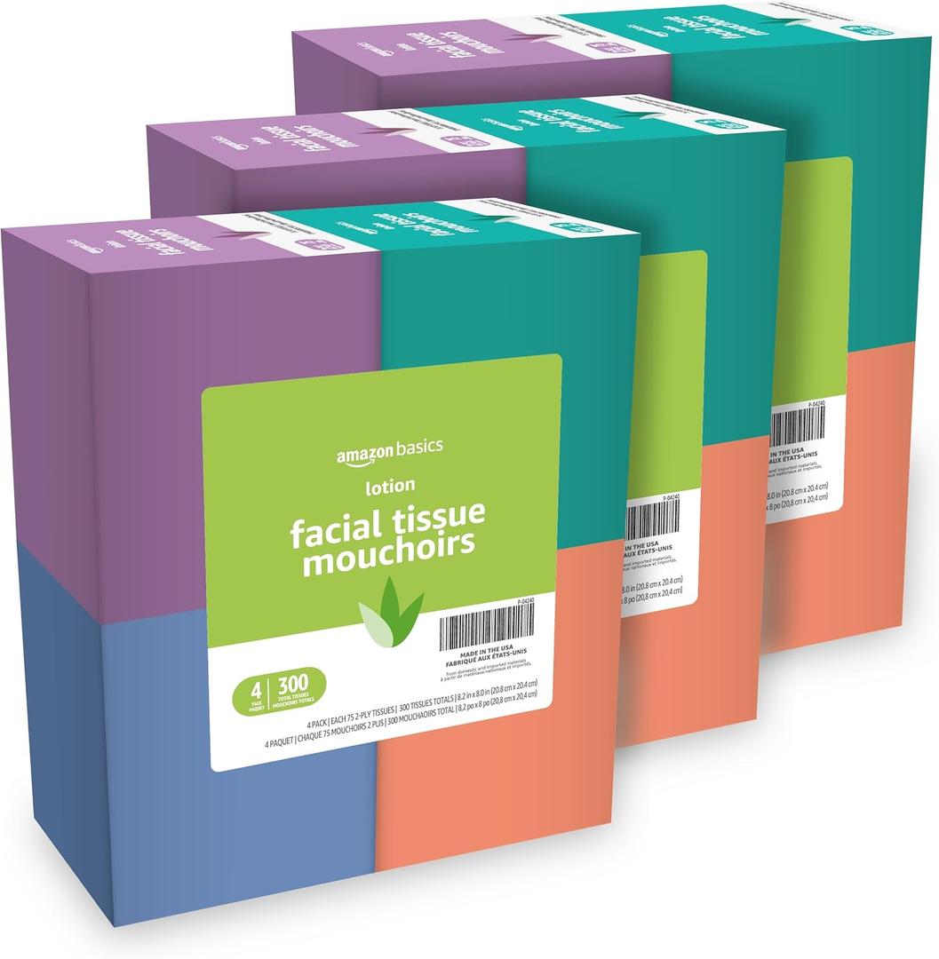 Amazon Basics Facial Tissue with Lotion, 2-Ply, 900 Count (12 Packs 75)