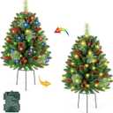 [2 Pack & Timer] 33 Inch Christmas Tree Urn Fillers with 50 Warm & Colorful Change Lights Pinecones Red Berries Tripod Stake Battery Operated 8 Mode for Porch Outdoor Xmas Trees Christmas Decorations