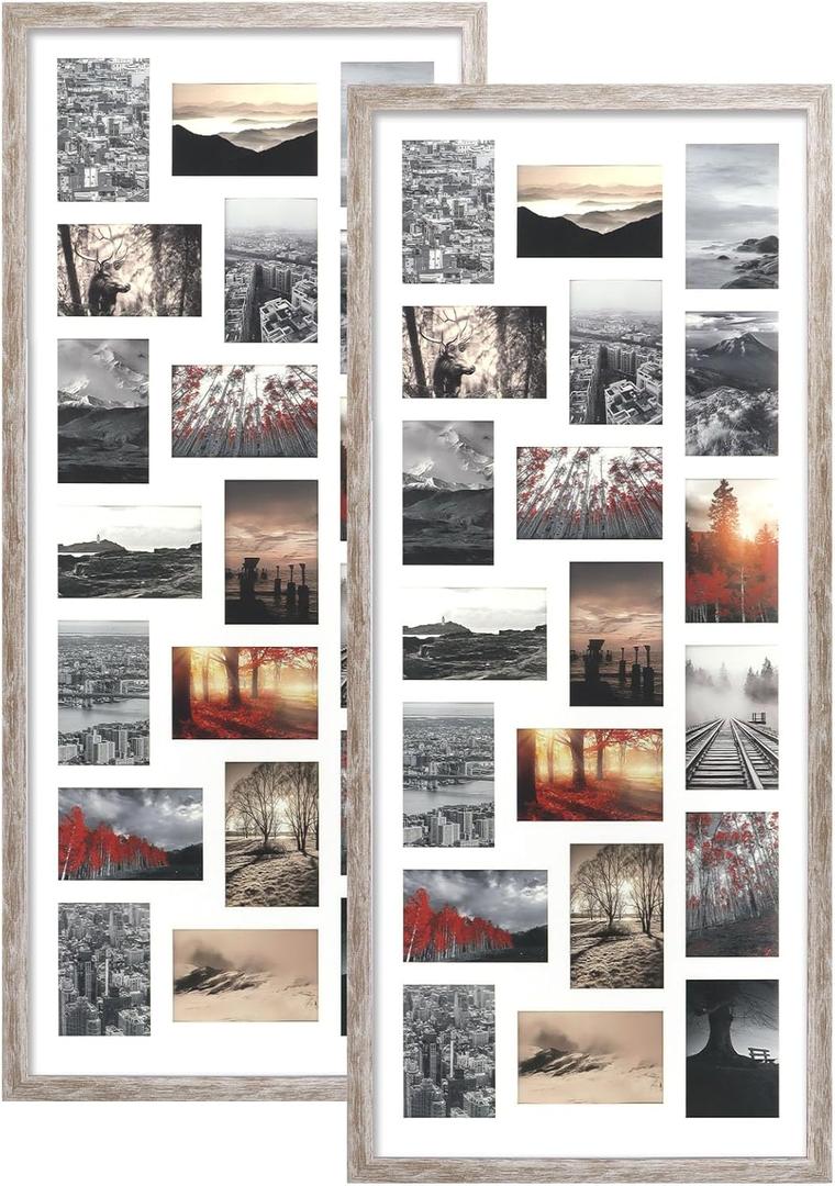 QUTREY 4x6 Collage Frames Set of 2, 20 Openings Multi Picture Frame with Mat for 4 by 6 inch Photos for Wall Decor, Rustic White (Distressed Grey)