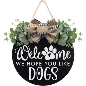 Welcome We Hope You Like Dogs Farmhouse Door Sign for Front Door Porch Decor with Eucalyptus Leaves & Buffalo Bow - Welcome Wreath Sign Hanging for Dogs Lovers Spring Summer Decor Housewarming Gift (Black)