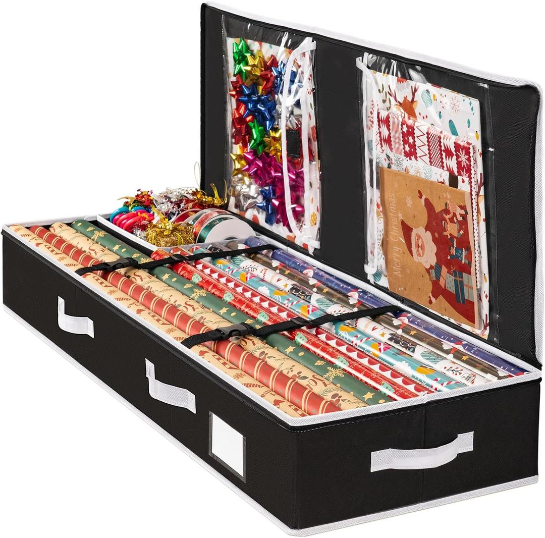 Criusia Gift Wrapping Paper Organizer Storage, Durable Underbed Storage Container Fits 24 Rolls, with Removable Dividers and Pockets for Ribbon, Ornaments, Holiday Accessories, Black