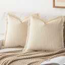 Throw Pillow Covers 18x18 Set of 2 Striped Fringe Pillow Cover Farmhouse Cushion Covers with Tassel Neutral Boho Pillows Decorative Square Pillowcase for Couch Sofa Bed, Yellow