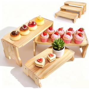 WRINGKIT 3 Tier Wood Display Riser, Stackable Cupcake Dessert Stand for 24 Cupcakes, Rectangular Wooden Risers for Table Vendor Display, Food, Perfume, Collections Showcase, 3 Size (17''/16''/14'')