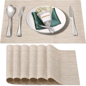 Placemats Set of 6,Washable,Heat and Stain Resistant Indoor/Outdoor Place mats, Vinyl Woven Non Slip Table Mats for Restaurant Table Protection, PVC Placemats (Beige White, 6PCS)