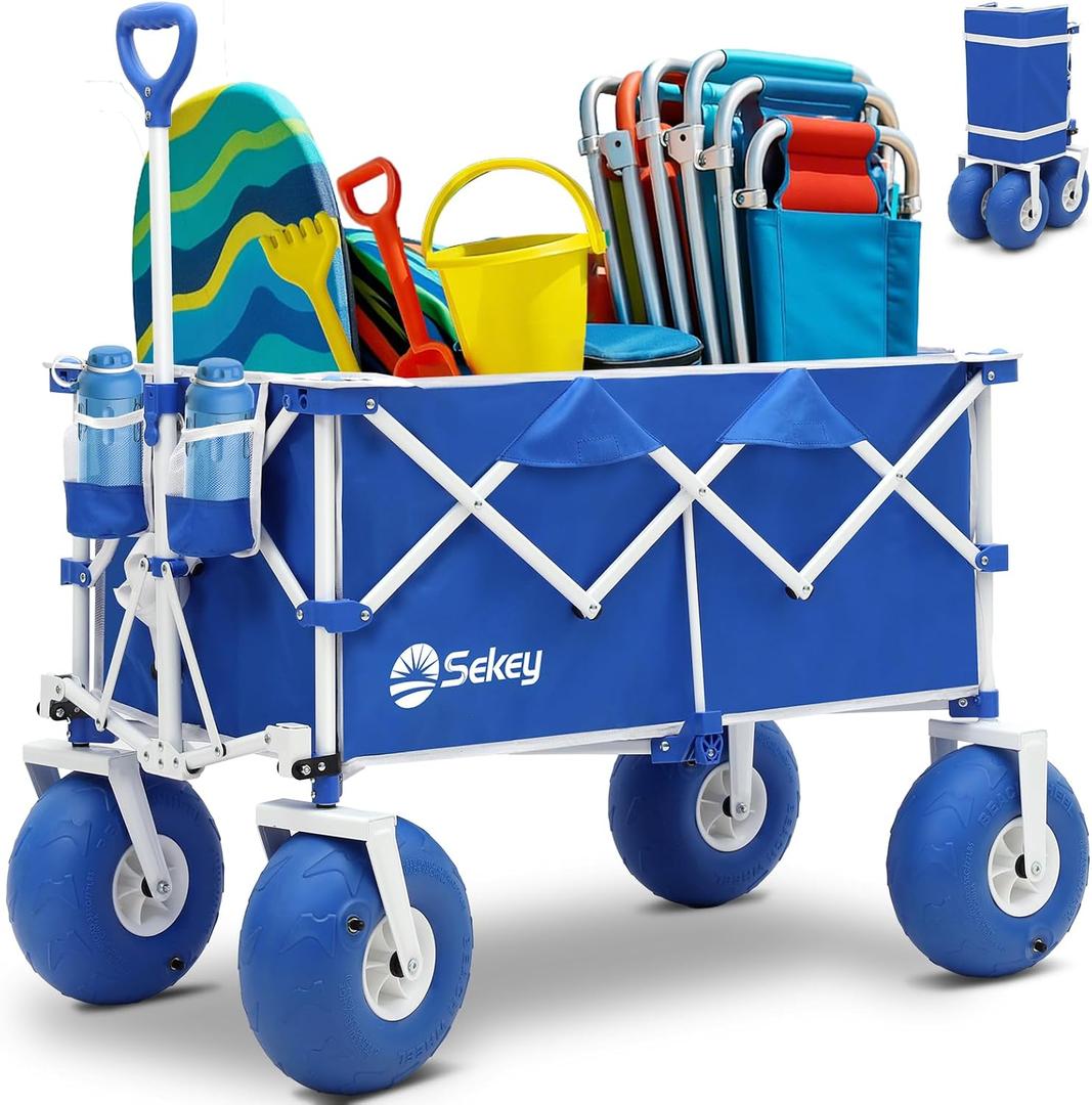 Heavy Duty Beach Wagon with 9" Big Sand-Proof Wheels  440lb Capacity, Sekey 200L Oversized Foldable Cart | Adjustable Handle & All-Terrain Tires for Sand, Camping, Groceries. Blue&White