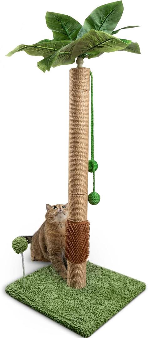 ANWA 35" Tall Cat Scratching Post for Kitten and Large Cats, Scratching Post for Indoor Cats with Self-Grooming Rubber Brush, Cat Sisal Post with Simulated Leaves