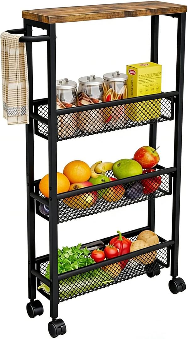 AZERPIAN Slim Rolling Cart 4 Tier Narrow Storage Cart on Wheels with MDF Board Top and Metal Handle for Small Space Kitchen Living Room Home Office Pantry Bathroom Laundry Room(16.545.1230.31 inch)