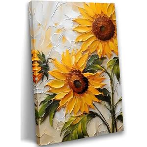 Sunflower Canvas Wall Art, 2D No Texture Sunflower Painting Poster, Yellow Flower Wall Decor, Simple Flower Picture for Wall Living Room Bathroom Bedroom Home Decoration 24*36 in ( Stretched Canvas on A Wooden Frame)