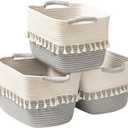 TeoKJ Storage Basket 3 Pack for Organizing, Cotton Rope Baskets for Toy, Clothes, Blankets, Decorative Basket for Living Room, Nursery, Bathroom, White & Gray (white+ Dark Grey)