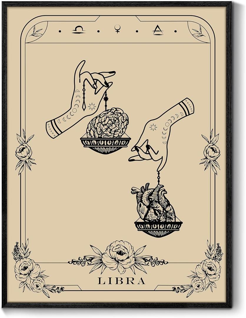 SERIMINO Witchy Framed Wall Art, Libra Tarot Canvas Prints Paintings, Horoscope Dark Academia Home Decor Aesthetic, 12X16inch Gothic Wall Decor for Room (16L" x 12W")