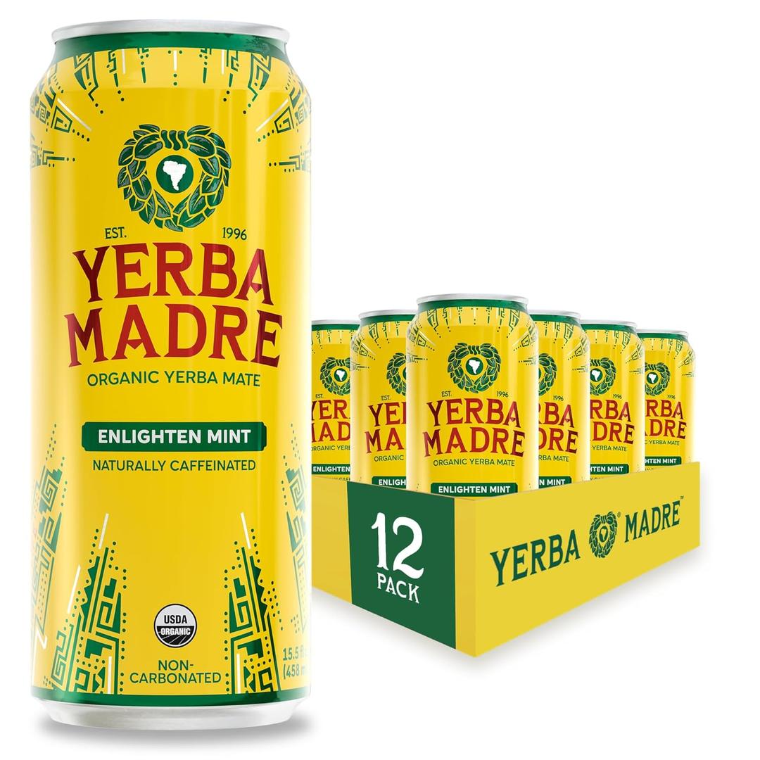 Yerba Madre Organic Yerba Mate, Enlighten Mint, 150mg Natural Caffeine, Energy Drink Alternative, No Jitters or Crash, 15.5 Oz Cans (Pack of 12) (EXP 10/24/27)