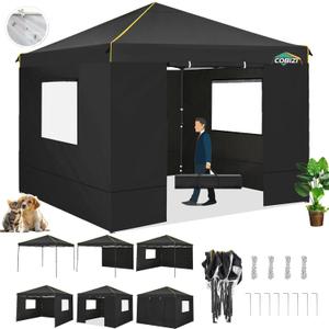 10x10 Pop Up Canopy Tent with 4 Sidewalls and Mesh Windows 2.0, Waterproof Commercial Instant Gazebo Tent Outdoor Canopy Tents for Party/Exhibition/Picnic with Carry Bag,4 Stakes & Ropes (Black)
