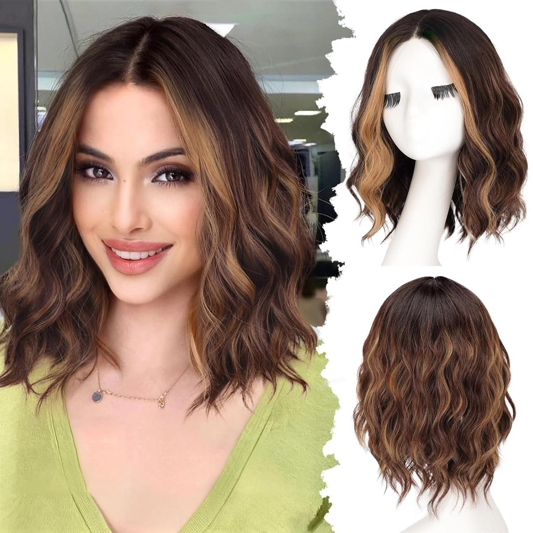 Starmo Brown Highlights Short Wavy Bob Glueless Synthetic Fiber Lace Front Wigs for Women Pre Cut for Beginners Natural Hairline 14 Inch