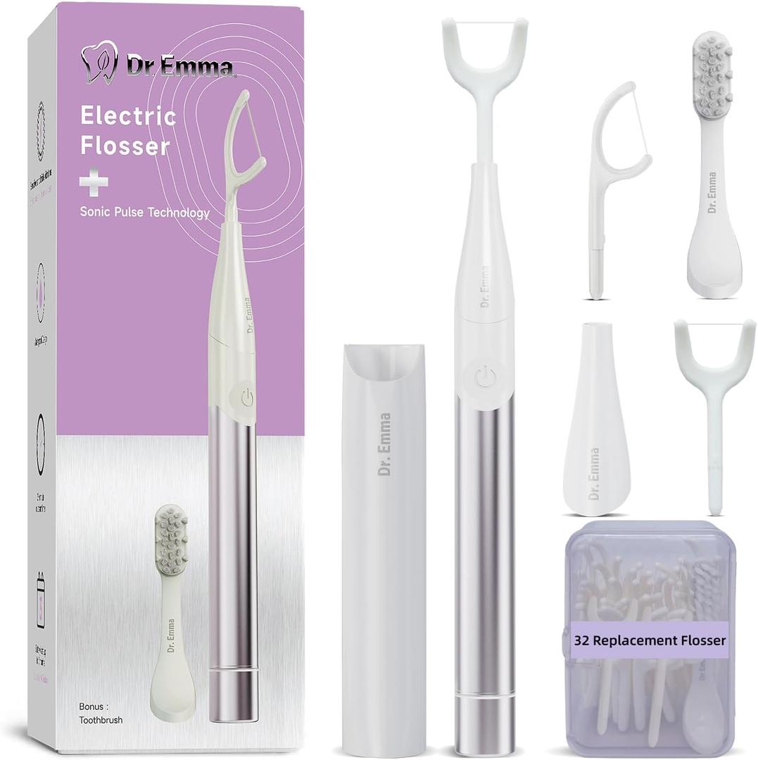 Dr. Emma Electric Flosser, Power Flosser for Adults Kids, Gum Stimulator, Teeth Cleaner, Reusable Flossing Tool with Toothbrush, Water Flosser Alternative, Purple