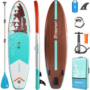 FBSPORT 11' Premium Stand Up Paddle Board, Yoga Board with Durable SUP Accessories & Carry Bag | Wide Stance, Surf Control, Non-Slip Deck, Leash, Paddle and Pump for Youth & Adult (Dark Wood)