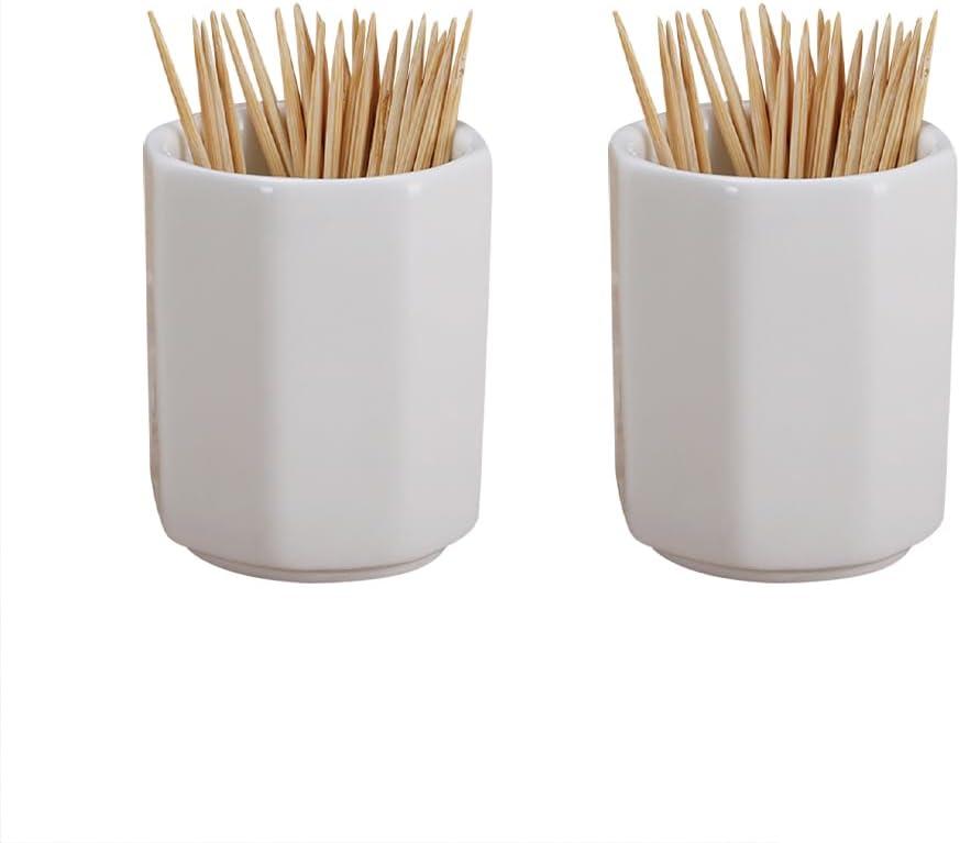 2 Pcs White Ceramic Toothpick Holder Dispenser Toothpick Storage Container Food Picks Holder Cotton Swab Holder for Kitchen Restaurant
