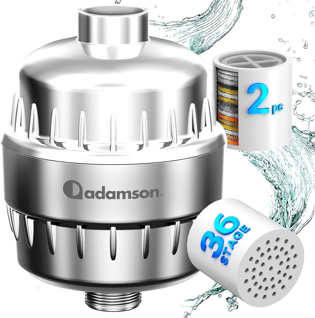 Adamson Shower Filter for Hard Water  36-Stage Filtered Shower Head, Helps Reduce Chlorine  Supports Healthier Skin & Hair  High Output  Easy Tool-Free Install  Extra Cartridge Included