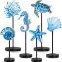 Wenqik 6 Pcs Summer Ocean Wood Table Sign Standing Wooden Starfish Sea Turtle Seashell Shell Tabletop Home Decor Rustic Wooden Tabletop Centerpiece Standing Block Decorations for Farmhouse Kitchen