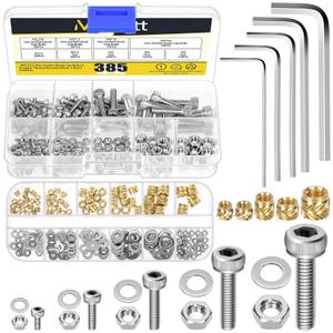 385Pcs M2 M2.5 M3 M4 M5 Brass Threaded Inserts with Stainless Steel Hex Socket Head Cap Screws Nuts Kit, Brass Heat Set Insert Knurled Nuts & Machine Screws Nuts for 3D Printing Components (Silver)